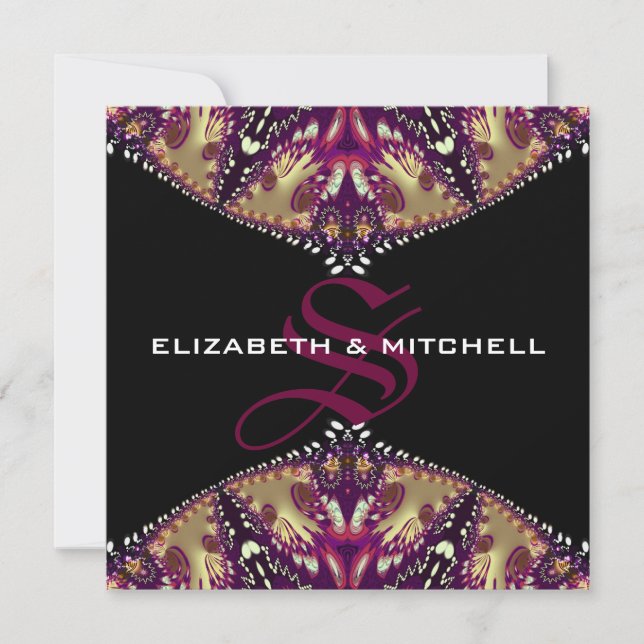 Gold Burgundy Fraktal Lace Monogram Wedding Einladung (Vorderseite)