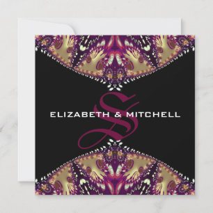 Gold Burgundy Fraktal Lace Monogram Wedding Einladung