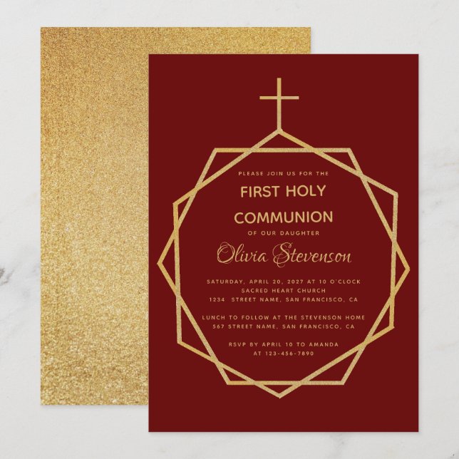 Gold Burgundy Girl First Holy Communion Geometric Einladung (Vorne/Hinten)
