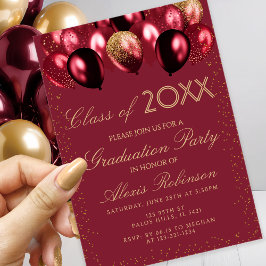 Gold Burgundy Glitter Balloons Graduation Party Einladung