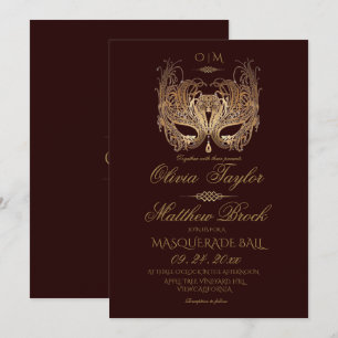 Gold Burgundy Masquerade Wedding Einladung