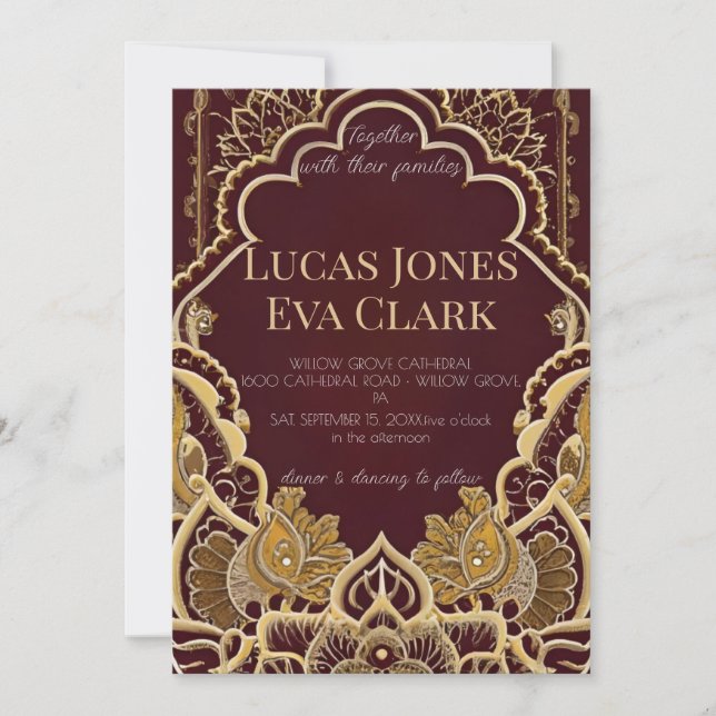 Gold Burgundy Mehendi Henna Indian Wedding Invitat Einladung (Vorderseite)