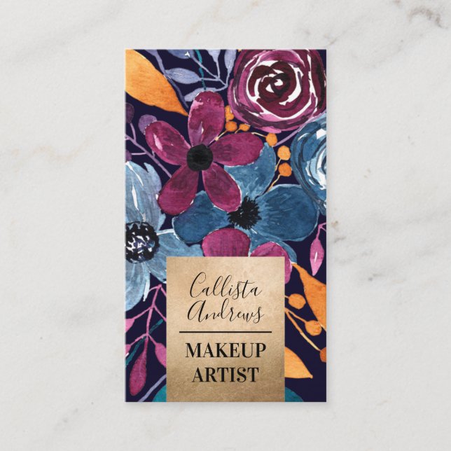 Gold Burgundy Navy Mustard Watercolor Blume Visitenkarte (Vorderseite)