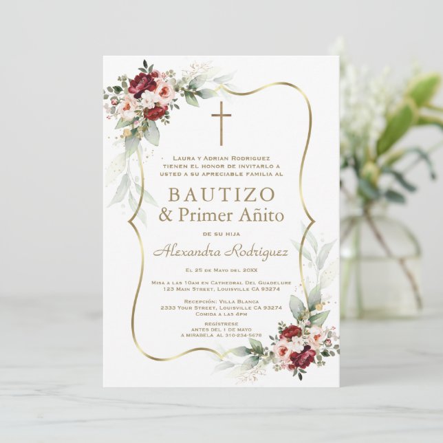 Gold Burgundy Peach Flowers 1st Birthday Baptism  Einladung (Stehend Vorderseite)