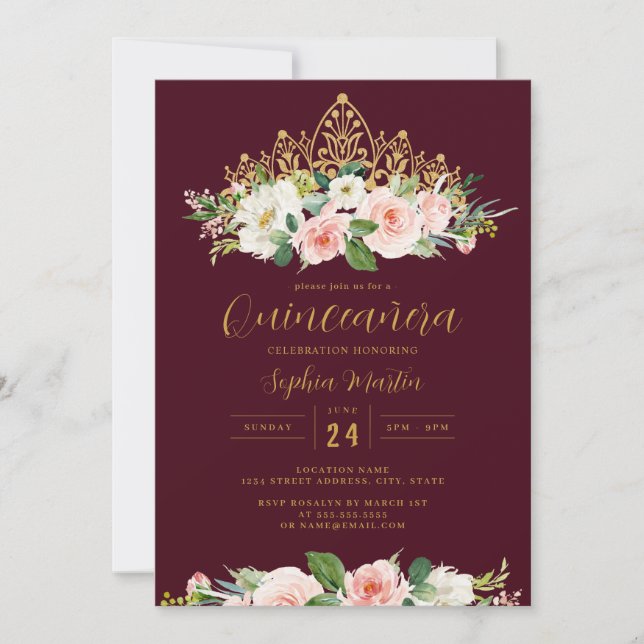 Gold Burgundy Pink Floral Tiara Quinceanera Einladung (Vorderseite)