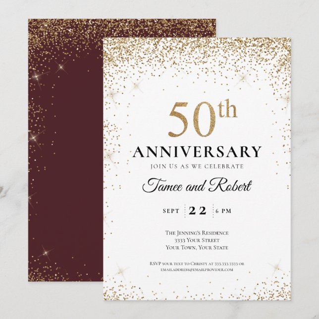 Gold Burgundy White 50th Wedding Anniversary  Einladung (Vorne/Hinten)