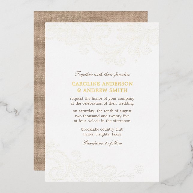 Gold Burlap und Lace Rustic Glam Wedding Folieneinladung (Vorderseite/Rückseite)