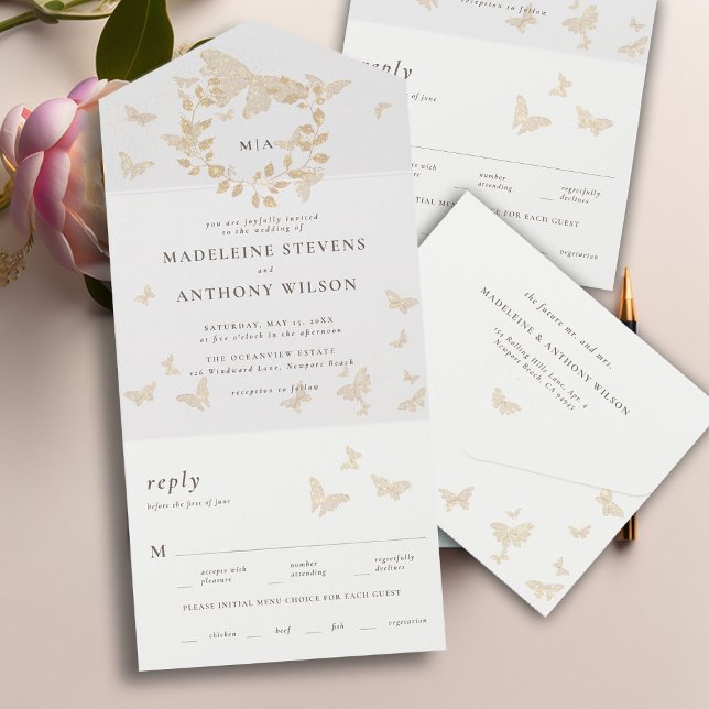 Gold Butterfliegen Elegante Romantische Alleine Ho All In One Einladung (butterflies garden theme modern romantic elegant minimalist all in one trifold wedding invitation)