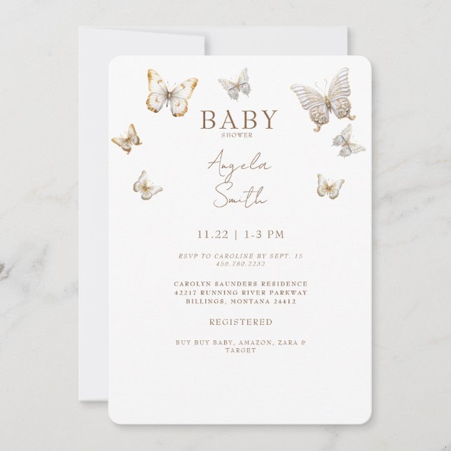 Gold Butterflies Baby Girl Dusche Einladung (Vorderseite)