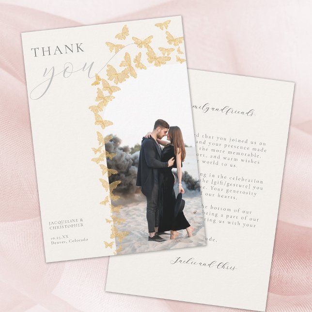 Gold Butterflies Boho Foto Arch Wedding Foto Dankeskarte (gold butterflies boho arch wedding photo thank you card elegant modern romantic whimsical classy)