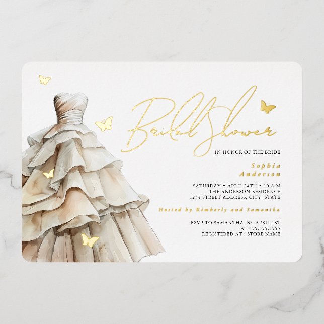 Gold Butterfly Beige Hochzeitskleid Brautparty Folieneinladung (Vorderseite)