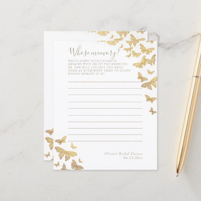 Gold Butterfly Brautparty mit Memory Game (Vorderseite/Rückseite Beispiel)