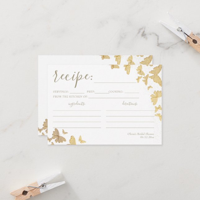 Gold Butterfly Brautparty Rezept Card (Vorderseite/Rückseite Beispiel)