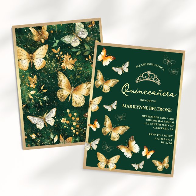 Gold Butterfly Emerald Green Quinceañera Einladung (Von Creator hochgeladen)