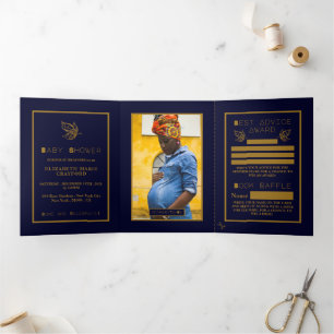 Gold Butterfly, Navy Blue Baby Duschsuite Dreifach Gefaltete Einladung