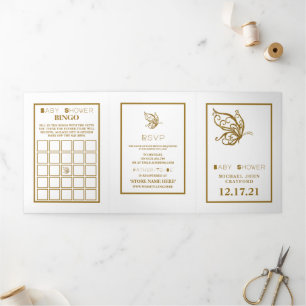Gold Butterfly, White & Gold Baby Duschsuite Dreifach Gefaltete Einladung