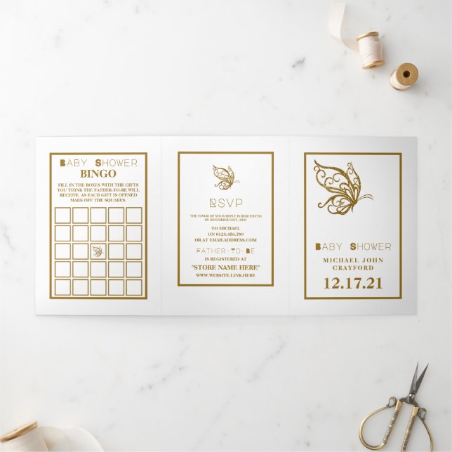 Gold Butterfly, White & Gold Baby Duschsuite Dreifach Gefaltete Einladung (Außenbereich)