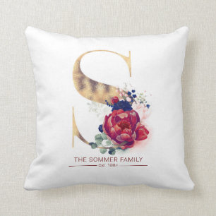 Gold C Monogram Floral Burgund Red and Navy Blue Kissen