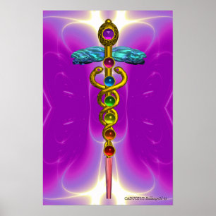 GOLD CADUCEUS 7 CHAKRAS, Yoga, Medizin Pink Fuchsi Poster