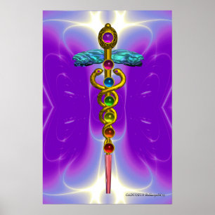GOLD CADUCEUS 7 CHAKRAS, Yoga, medizinisches Lila Poster