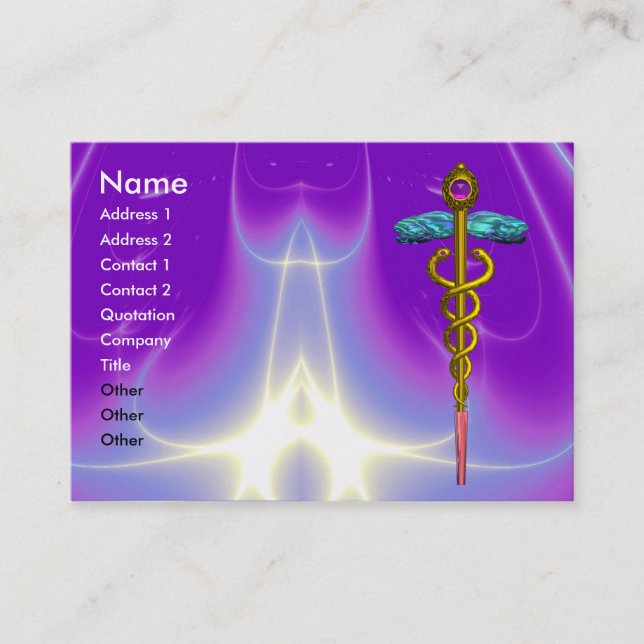 GOLD CADUCEUS, ARZT, MEDIZINISCHER DIENST Lila Visitenkarte (Vorderseite)