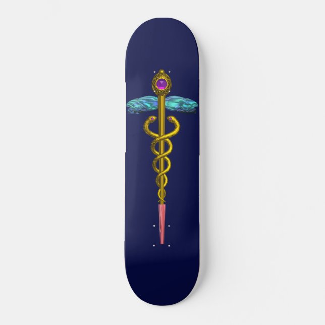 GOLD CADUCEUS Blauer Skateboard (Vorderseite)