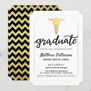 Gold Caduceus Graduate Script   Gold Zickzack Einladung