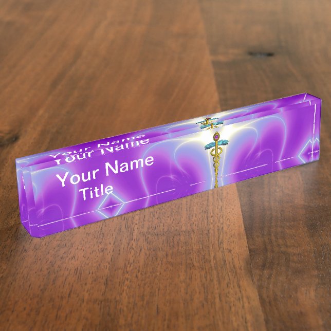 GOLD CADUCEUS , lebendiger, blauer lila Ametyst Namensplakette (Seite)