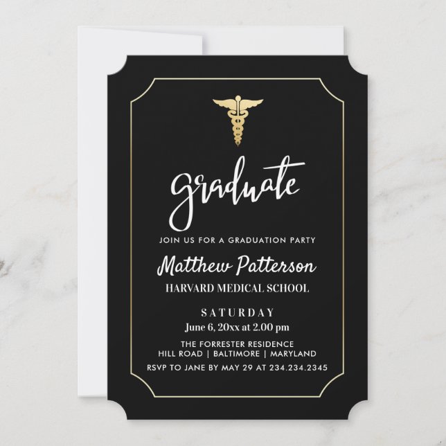 Gold Caduceus Medical Graduate Black Gold Einladung (Vorderseite)