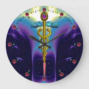 GOLD CADUCEUS Medical Symbol Blue Purple Waves Große Wanduhr