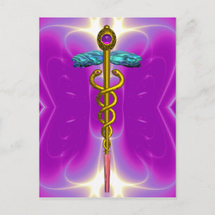 GOLD CADUCEUS MEDICAL SYMBOL VIOLET PINK FRAKTALE POSTKARTE