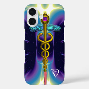 GOLD CADUCEUS MEDIZINISCHE SYMBOL,Lila blaues Mono iPhone 16 Hülle
