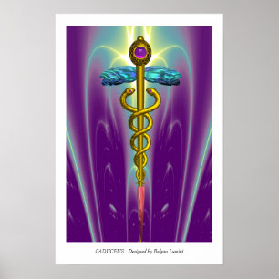 GOLD CADUCEUS Medizinische Symbol Lila grüne Welle Poster