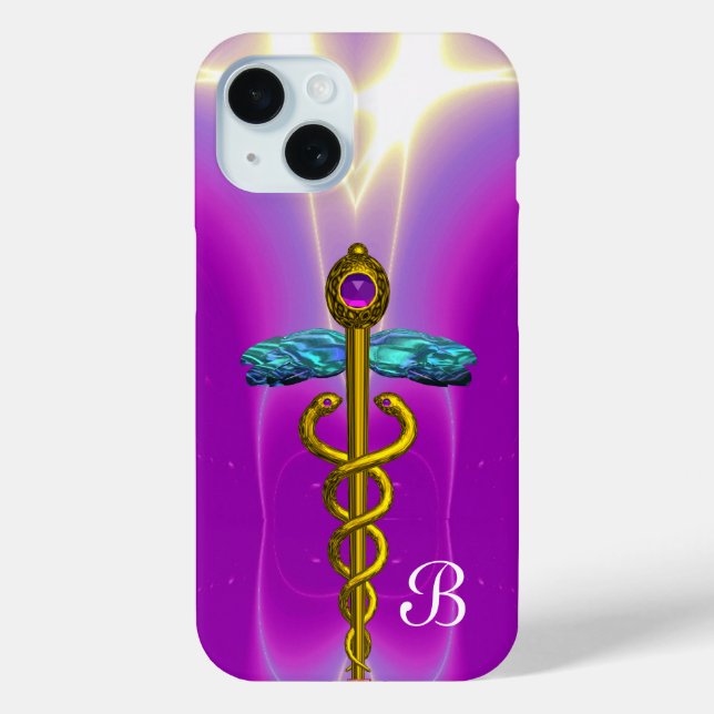 GOLD CADUCEUS MEDIZINISCHE SYMBOL Lila Monogramm Case-Mate iPhone Hülle (Rückseite)