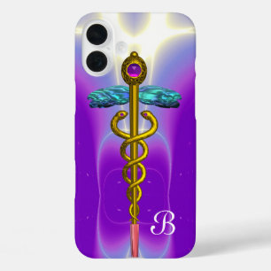 GOLD CADUCEUS MEDIZINISCHE SYMBOL Lila Monogramm iPhone 16 Plus Hülle