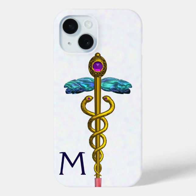 GOLD CADUCEUS MEDIZINISCHE SYMBOL Weißes Monogramm iPhone 15 Hülle (Rückseite)