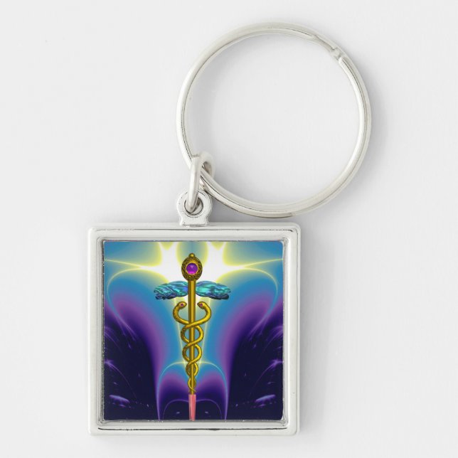 GOLD CADUCEUS MEDIZINISCHES SYMBOL Blau Lila Schlüsselanhänger (Vorne)