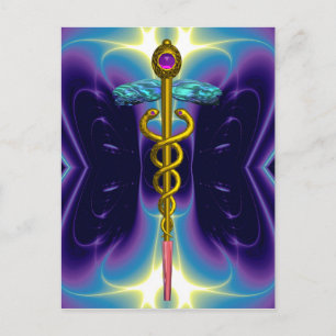 GOLD CADUCEUS MEDIZINISCHES SYMBOL BLAUE LILA FRAK POSTKARTE