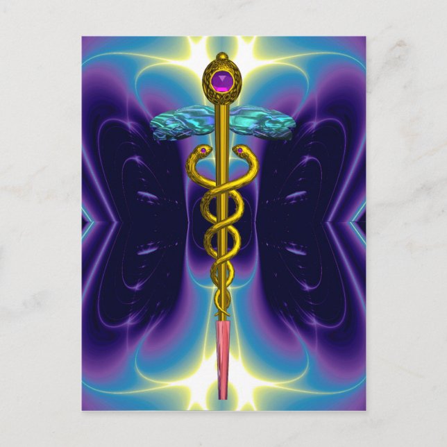 GOLD CADUCEUS MEDIZINISCHES SYMBOL BLAUE LILA FRAK POSTKARTE (Vorderseite)