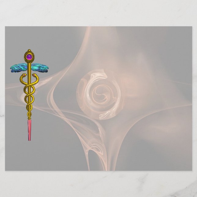GOLD CADUCEUS MEDIZINISCHES SYMBOL, Fraktal Rose (Vorderseite)