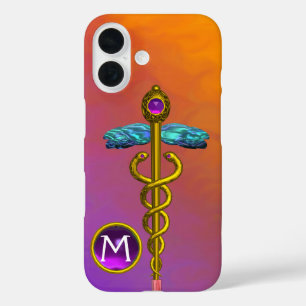 GOLD CADUCEUS MEDIZINISCHES SYMBOL Lila Gem Monogr iPhone 16 Hülle