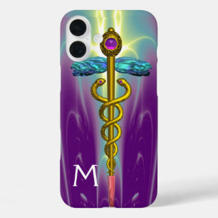 GOLD CADUCEUS MEDIZINISCHES SYMBOL Lila Monogramm iPhone 16 Plus Hülle
