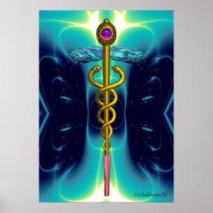 GOLD CADUCEUS Medizinisches Symbol Teal Aqua Blaue Poster