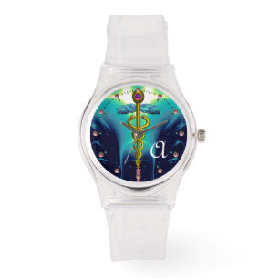 GOLD CADUCEUS MONOGRAM, Aqua Blau, Aquamarin Armbanduhr