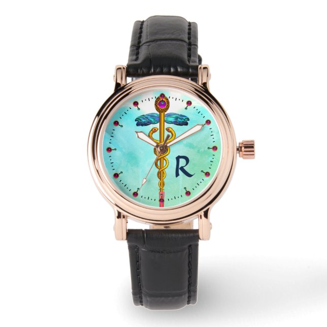 GOLD CADUCEUS MONOGRAM, Aqua Blue, Aquamarin grün Armbanduhr (Vorderseite)