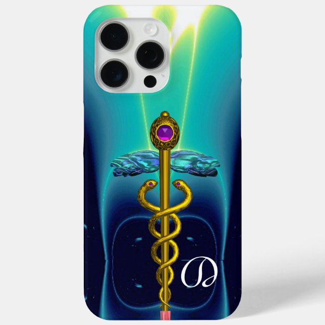 GOLD CADUCEUS MONOGRAM, Aquamarines Aqua Blau Case-Mate iPhone Hülle (Rückseite)