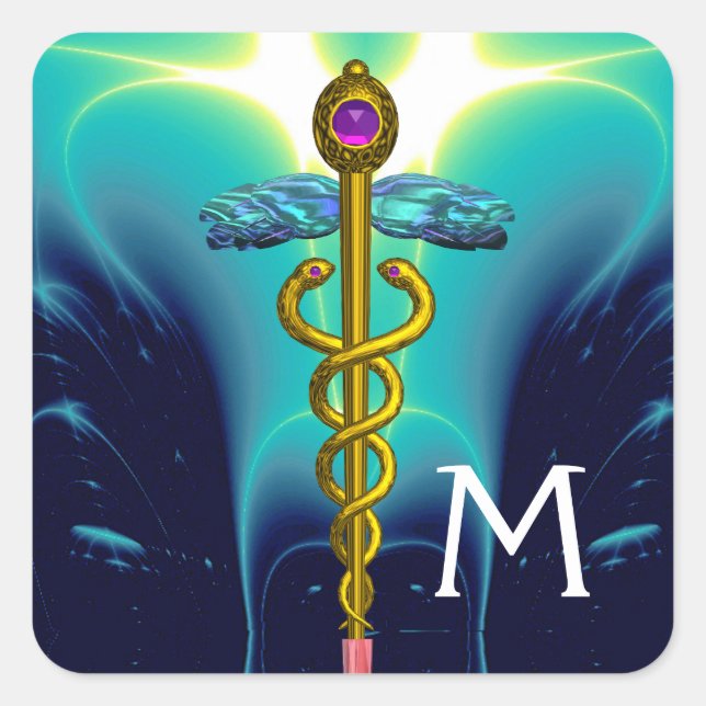 GOLD CADUCEUS MONOGRAM, Blautürkis Quadratischer Aufkleber (Vorderseite)