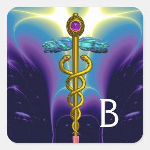 GOLD CADUCEUS MONOGRAM, Lila blau Quadratischer Aufkleber