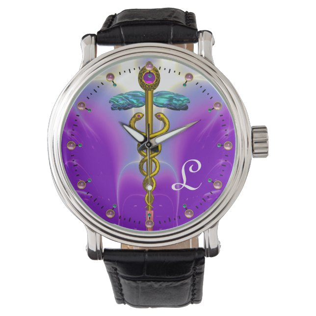 GOLD CADUCEUS MONOGRAMM, Lila Aquamarin Armbanduhr (Vorderseite)