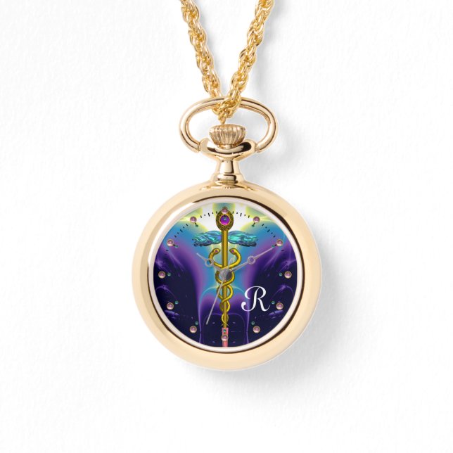 GOLD CADUCEUS MONOGRAMM, Lila blau Armbanduhr (Vorderseite)